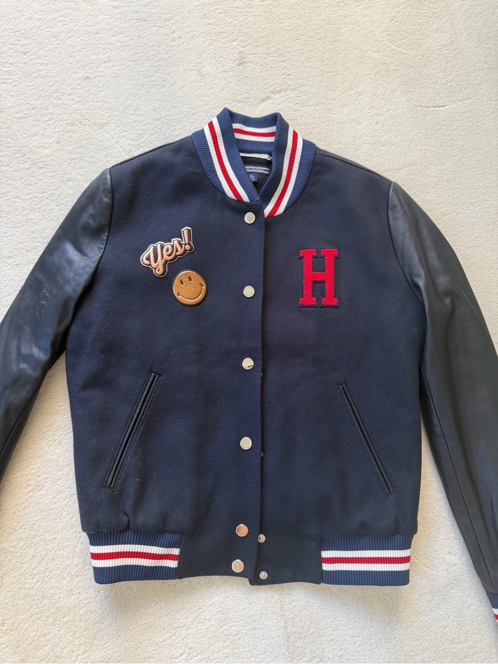 Tommy Hilfiger Navy Quilted-Lined Bomber with Red-Striped Ribbing